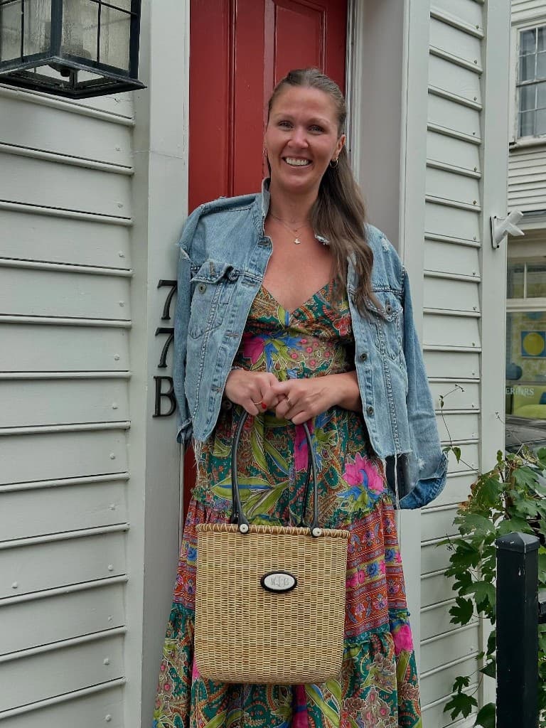 Janene Marie with a handwoven Nantucket basket bag by Chatham Weaves